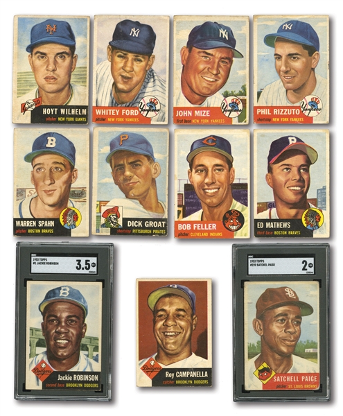 1953 TOPPS LOT OF (23) DIFFERENT INCL. #1 JACKIE ROBINSON AND #220 SATCHELL PAIGE (BOTH SGC GRADED)